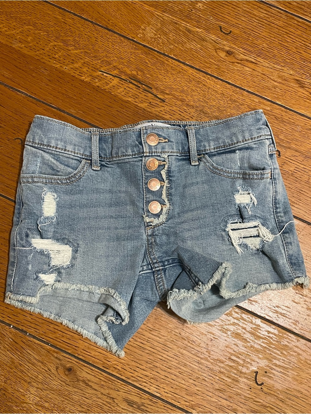 abercrombie kids distressed denim shorts in light blue